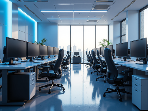 广州博一信息技术有限公司办公环境，现代化办公室，员工正在工作，蓝色背景